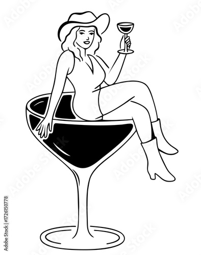 Cowgirl pin-up girl in hat and boots sitting in cocktail glass with wine, retro western burlesque party