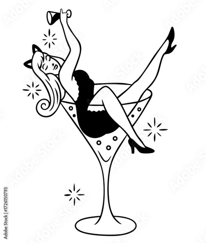 Playful pin-up girl in martini cocktail glass with sparkling drink, masquerade cat ears, flirty pose and festive burlesque party atmosphere