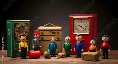 Wallpaper Mural Vintage Toy Collection Display with Colorful Characters, Indoor Setting, Still Life Photography, Nostalgic Atmosphere Torontodigital.ca