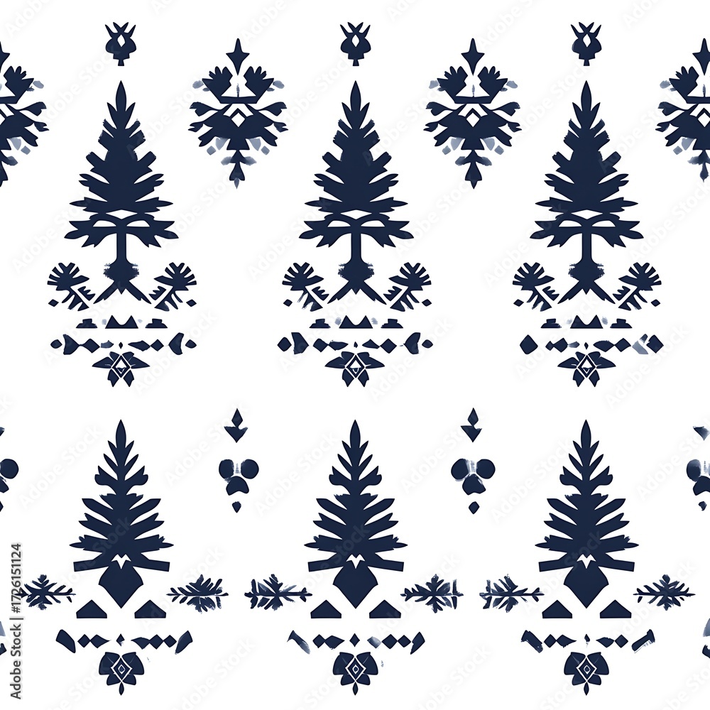 Obraz premium Indigo-dyed, repeating pattern of stylized fir trees and geometric shapes on a white background