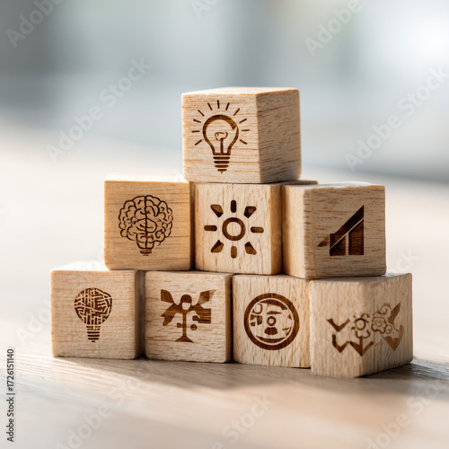 Creative Wooden Blocks Representing Business Concepts: Innovation, Growth, and Strategy for Enhanced Team Collaboration and Ideation