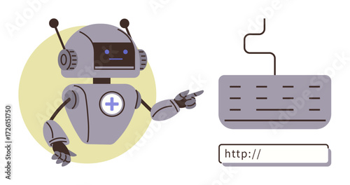 Robot with antenna gestures at keyboard and URL bar, emphasizing automation, digital tools, and online systems. Ideal for tech support, AI innovation, web services, automation, programming robotics