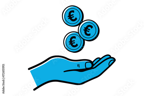 Blue hand catching falling euro coins isolated on Transparent Background