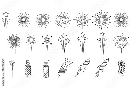 Collection of handdrawn fireworks and sparklers isolated on Transparent Background