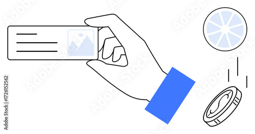 Hand displays ID card with photo, accompanied by a coin toss and pie chart, symbolizing identity verification, decision-making, and evaluation. Ideal for authentication, choices, balance, financial