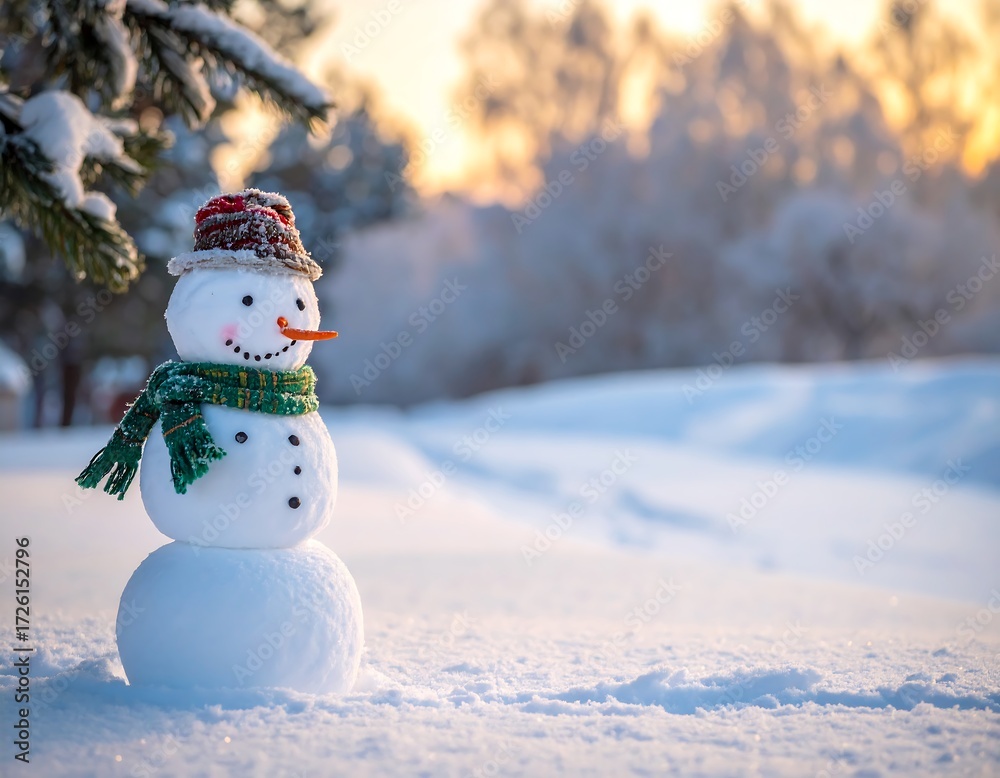 Obraz premium Snowman in winter wonderland at sunset
