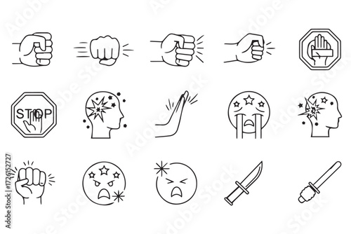 Fist and violence icons, isolated on Transparent Background