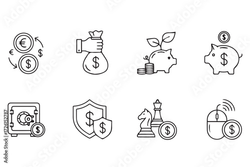 Collection of finance and money icons isolated on Transparent Background