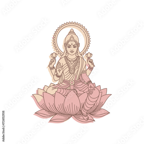 Hindu Goddess Lakshmi on Lotus Flower Spiritual Outline Vector Illustration