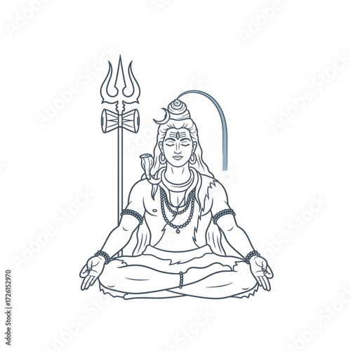 Lord Shiva Meditation Line Art Hindu God Yoga Pose Religious Artwork