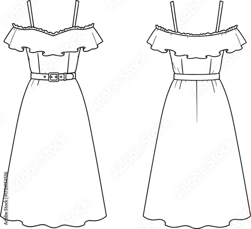 Women's stylish A-line midi dress technical flat sketch vector illustration drawing design pattern with round neck, gathered puff sleeves, waist seam, and 