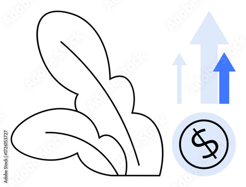 Leaf symbolizing growth, dollar coin, and three upward arrows representing financial success. Ideal for sustainability, business growth, eco-investment, financial progress, eco-economy, innovation