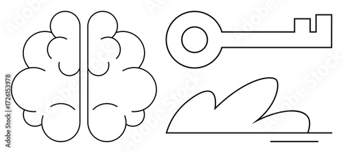 Line art of a brain, key, and cloud evoking ideas of learning, security, and modern tech concepts. Ideal for education, cybersecurity, creativity innovation data futurism ideas. Simple flat