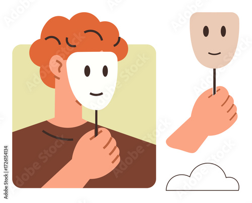 Person with curly hair holding a smiling mask highlighting duality, self-expression, and hidden feelings. Ideal for identity, emotions, psychology, authenticity, self-discovery, mental health