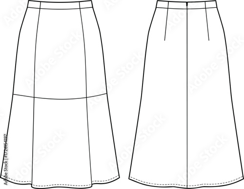 Women's stylish A-line midi skirt technical flat sketch vector illustration drawing design pattern with fitted high-waist panel, front yoke seam detail, and simple \