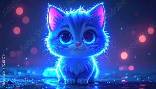 Adorable glowing cartoon kitten with big eyes and vibrant colors for children concept