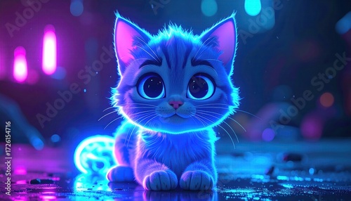 Neon Dreams: A Cute Cartoon Cat with Big Eyes in a Futuristic Setting