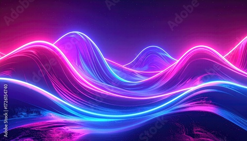 Vibrant neon abstract landscape with glowing waves and a dark cosmic background atmosphere