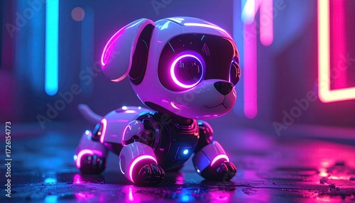 Futuristic robotic puppy bathed in neon lights against a cyberpunk backdrop showing a blend of