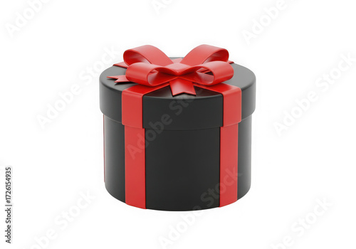 3d icon of black round gift box with red ribbon isolated on transparent background