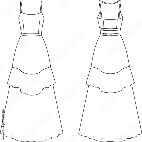 Women's stylish A-line midi skirt technical flat sketch vector illustration drawing design pattern with fitted high-waist panel, front yoke seam detail, and simple 