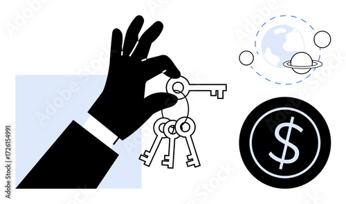 Black hand holding keys, globe with orbit lines, and dollar sign circle. Ideal for success, ownership, investment, strategy, opportunity global economy unlocking potential. Minimalist flat metaphor