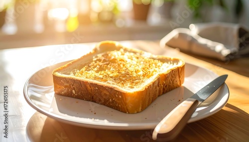 Toasted bread on a plate, sunlit breakfast