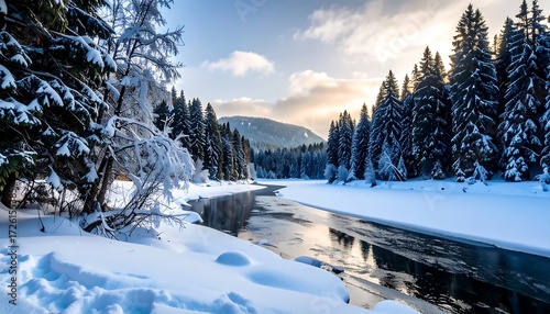Winter wonderland landscape with frozen river