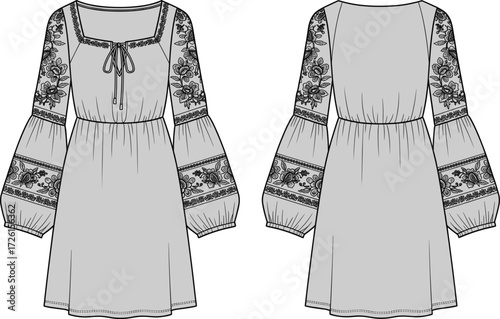 Women's stylish embroidered peasant mini dress technical flat sketch vector illustration drawing design pattern with square neckline, waist smocking, bishop \