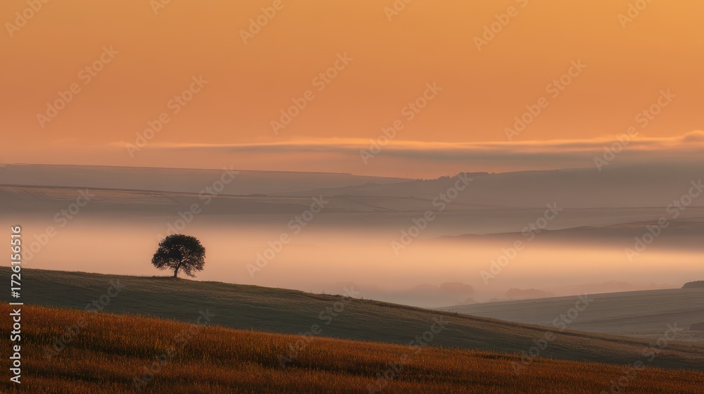 Obraz premium Solitary Oak at Dawn - Misty Valley Landscape in Warm Golden Hues.