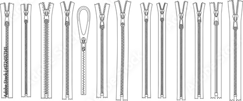 PrintCollection of various types of zippers technical flat sketch vector illustration drawing design pattern bundle including coil, plastic molded, metal, 