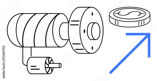 Diagram of an electric motor and gear system producing energy, paired with a coin and arrow symbolizing financial growth. Ideal for technology, innovation, energy, business, success, production