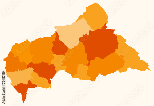 Map of Central African Republic with regions. Just a simple country border map with region division. Orange color palette. Plain Central African Republic shape with administrative division.