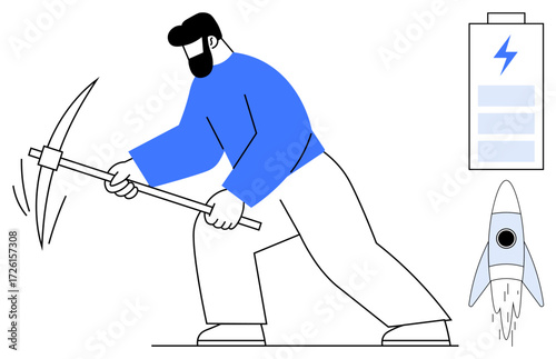 Man mining with large pickaxe, rocket launching below, and battery symbolizing energy storage. Ideal for technology, power, innovation, industry, progress sustainability entrepreneurship. Simple