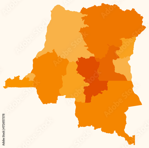 Map of Democratic Republic of the Congo with regions. Just a simple country border map with region division. Orange color palette.