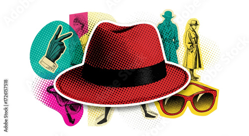 Red Fedora Hat with Black Band, Pop Art Style