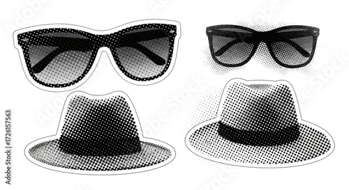 Black and White Sunglasses and Hat with Halftone Effect