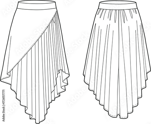 Women's stylish handkerchief hem midi skirt technical flat sketch vector illustration drawing design pattern with fitted waistband, side pleats, and 