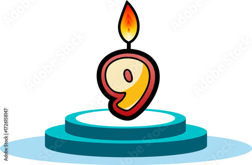 A golden number nine shaped birthday candle with a lit flame, featuring a dripping wax effect at the bottom, presented in a hand-drawn comic style