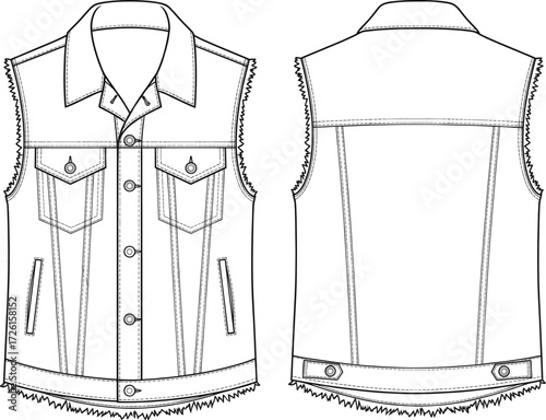 Unisex casual sleeveless denim vest technical flat sketch vector illustration drawing design pattern with pointed collar, chest pockets, button front closure, a