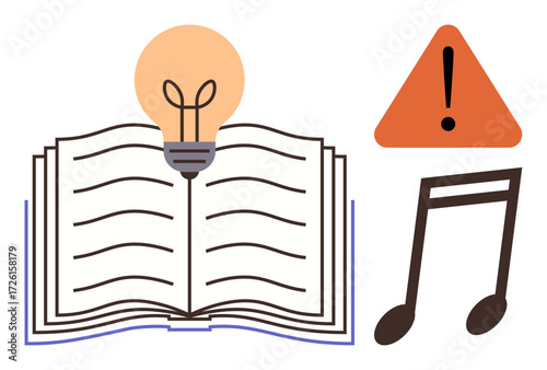 Open book with glowing light bulb above, alert triangle with exclamation mark, and music note. Ideal for creativity, learning, inspiration, education, caution ideas and artistic expression. Simple