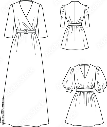 Elegant V-Neck Wrap Dress Fashion Flat Sketch: Puff and Three-Quarter Sleeves, Maxi and Mini Length, Technical CAD Drawing Vector Illustration