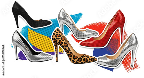 Stylish High-Heeled Shoes in Various Colors and Patterns