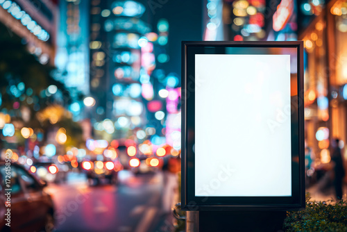 Blank vertical billboard mockup on city street at night urban advertising
