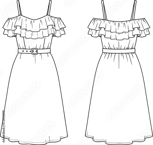 Women's stylish short A-line dress technical flat sketch vector illustration drawing design pattern with round neck, gathered puff sleeves, waist seams, and bow tie cuffs for a chic and romantic look,
