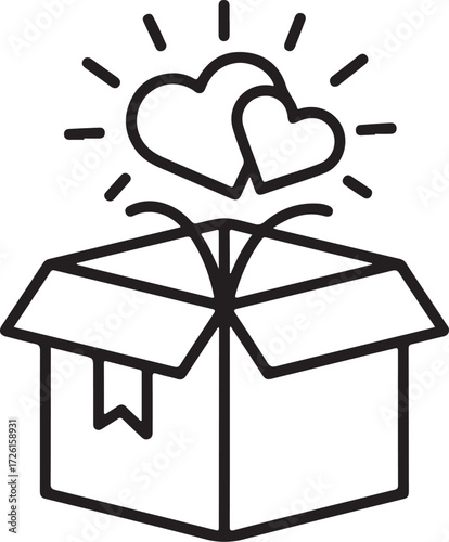 Open gift box with two hearts emerging and radiating light