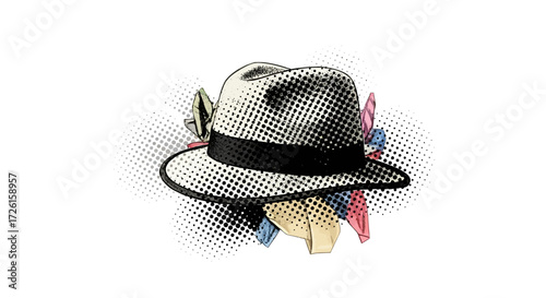 Stylish Panama Hat with Colorful Scarves and Halftone Effect