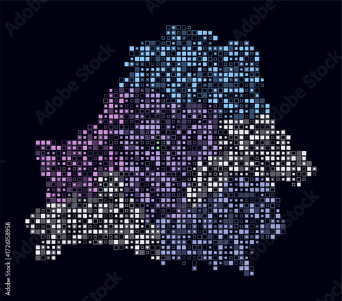 Belarus, shape of the country build of colored cells. Digital style map of the Belarus on dark background. Small size square blocks. Artistic vector illustration.