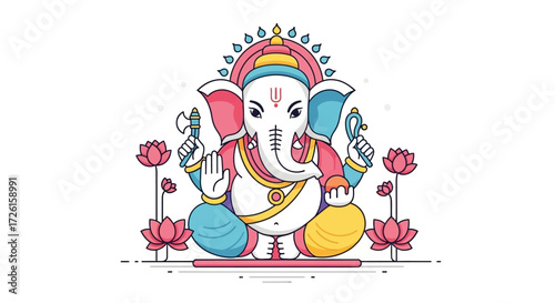 Cartoon Illustration of Lord Ganesha with Lotus Flowers