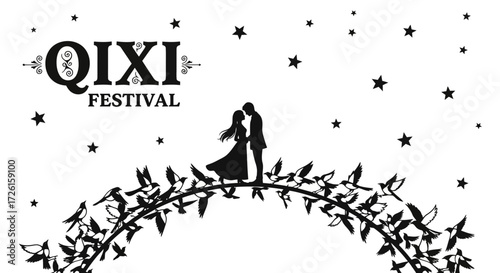 Romantic Couple Silhouette on Bird Branch, Qixi Festival Design